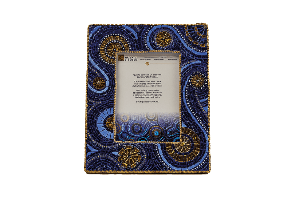 Cornice portafoto in mosaico blu e oro circolare - Mosaici di Barbara